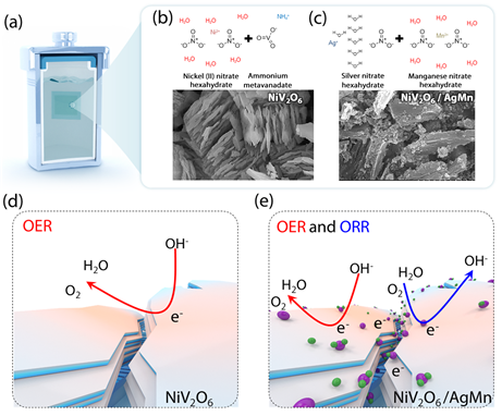 [그림] <순차적 수열합성법을 이용하여 새로운 2상 전기화학 촉매소재 개발> a), b), c) 고순도 금속 이온 전구체를 사용하여NiV2O6 2차원 촉매 구조와 2상 NiV2O6/AgMn촉매를 생산하기 위한 순차적 수열 합성의 개략도. d,e) NiV2O6 및 2상 NiV2O6/AgMn 촉매 표면에서 발생하는 OER 및 ORR 프로세스 비교 개략도.